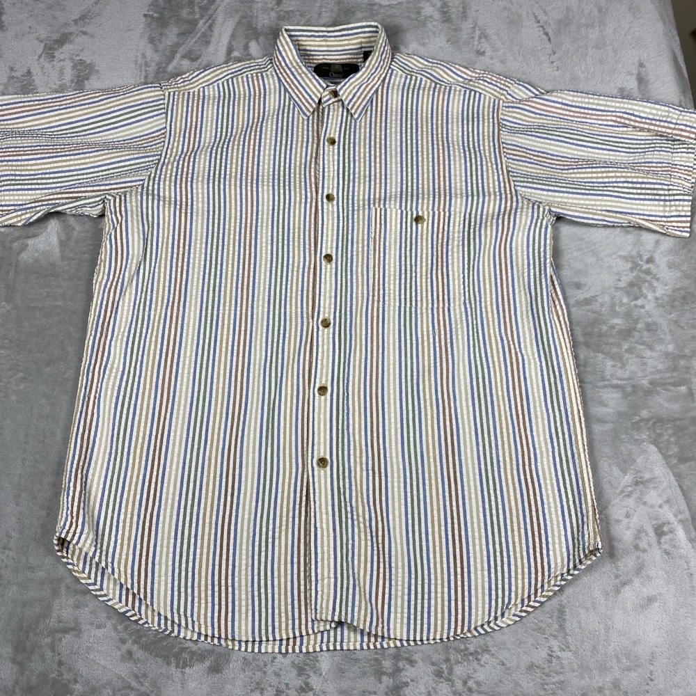 Orvis Men's Large Seersucker Button Front Shirt Multicolor Stripe Cotton